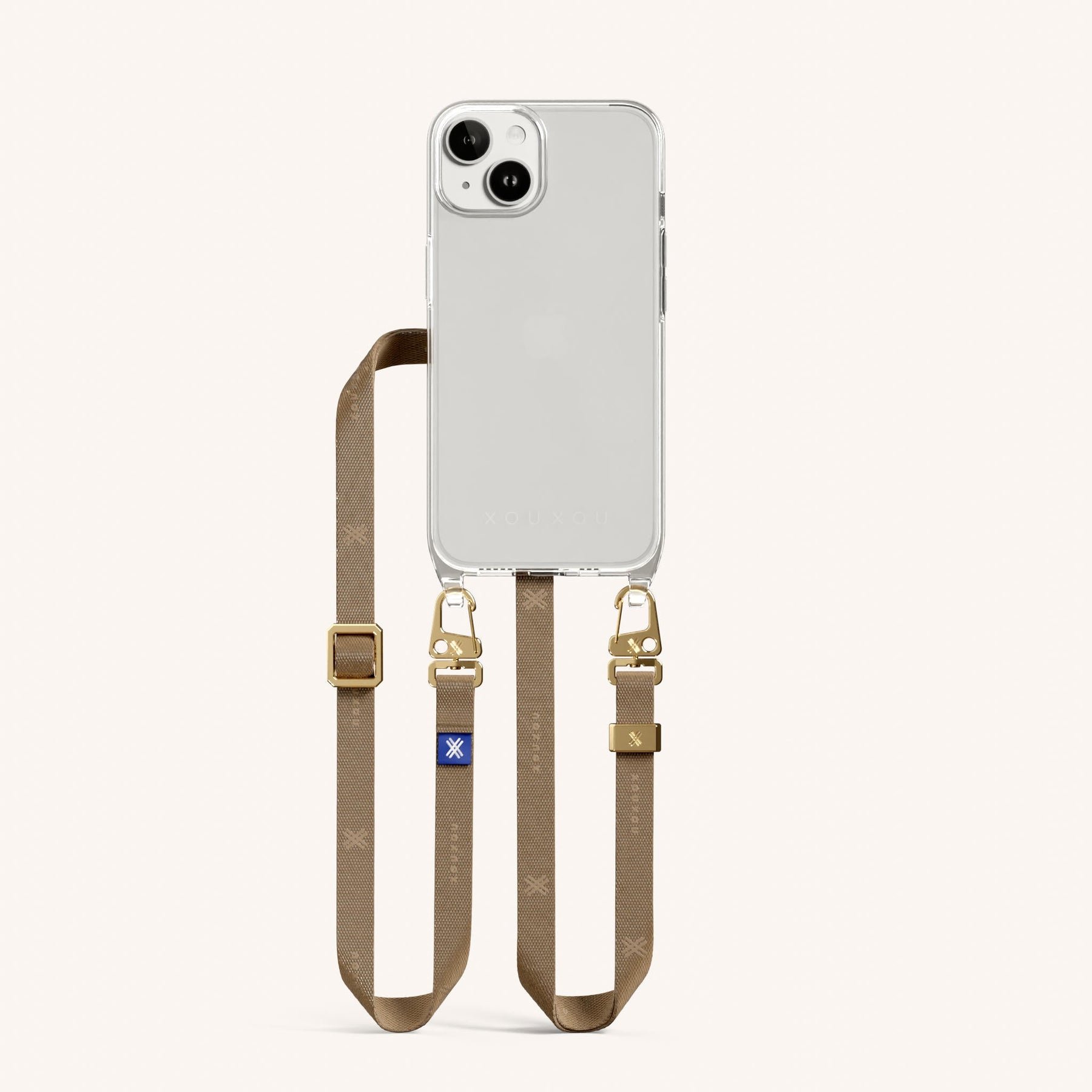 Phone Necklace with Slim Lanyard in Clear + Taupe