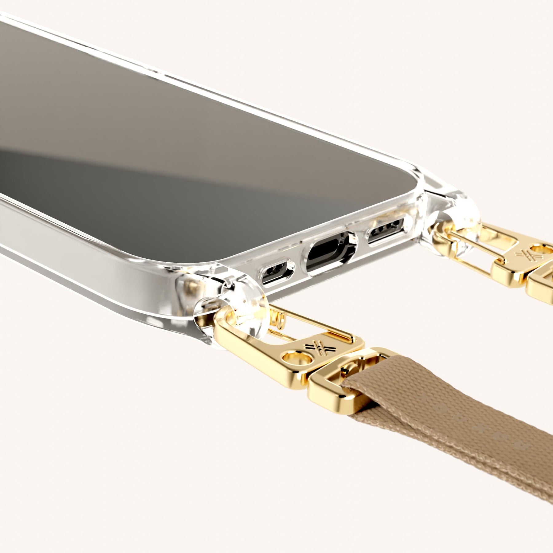 Phone Necklace with Slim Lanyard in Clear + Taupe