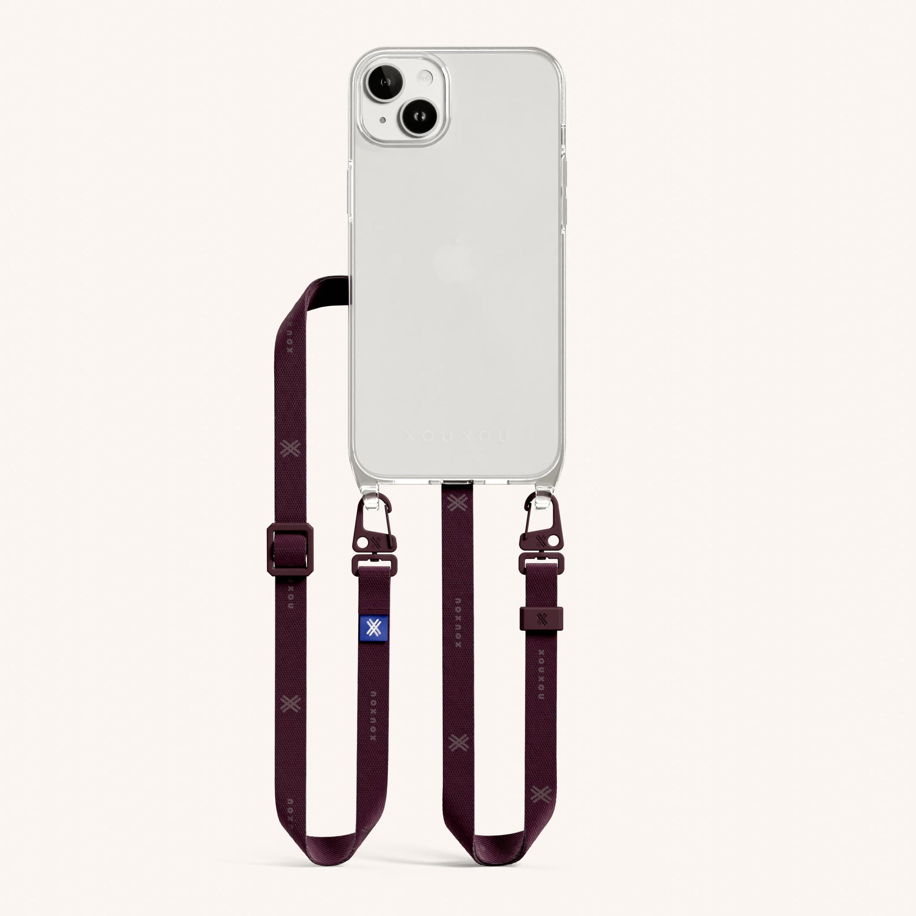 Phone Necklace with Slim Lanyard in Clear + Burgundy