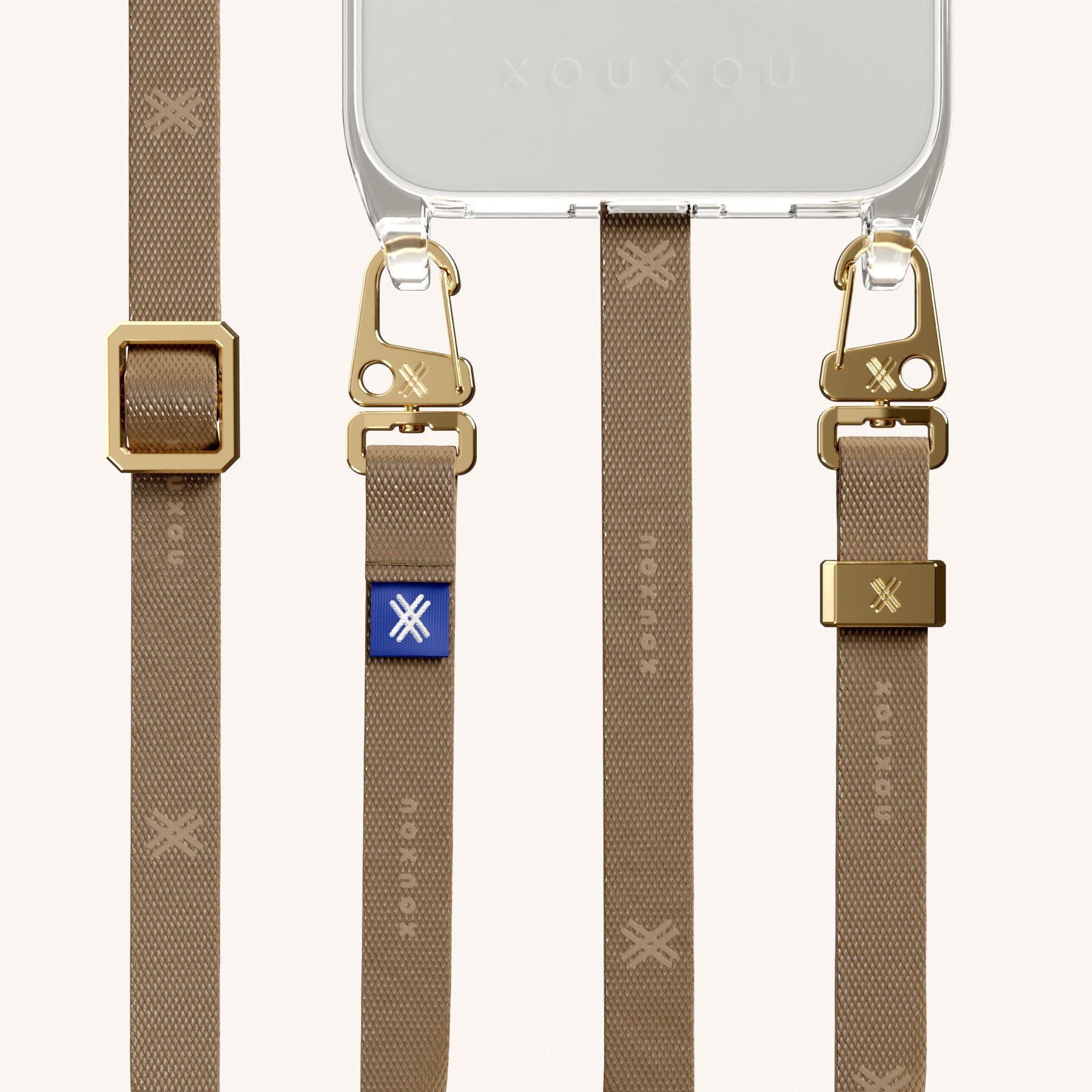 Phone Necklace with Slim Lanyard in Clear + Taupe