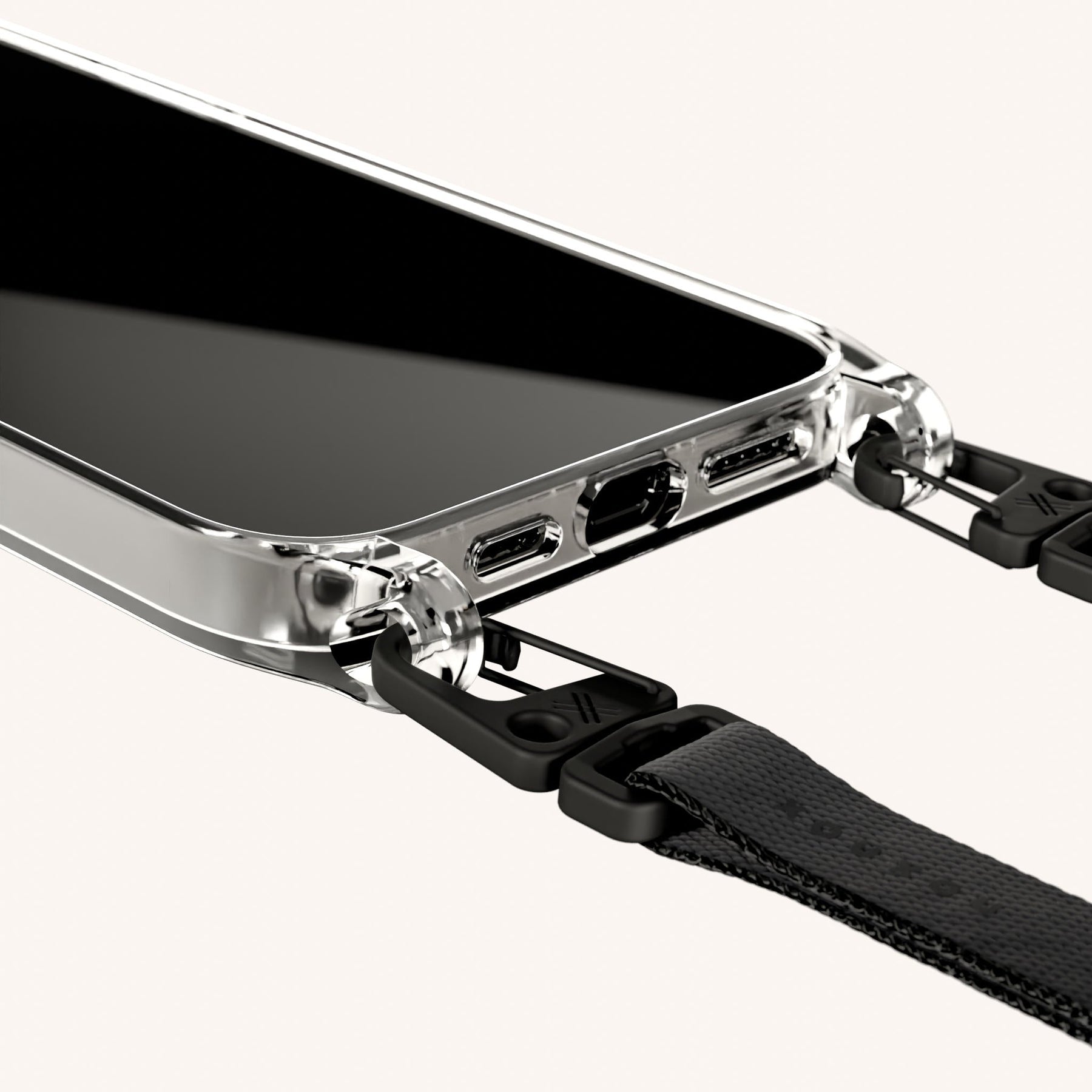 Phone Necklace with Slim Lanyard in Clear + Black