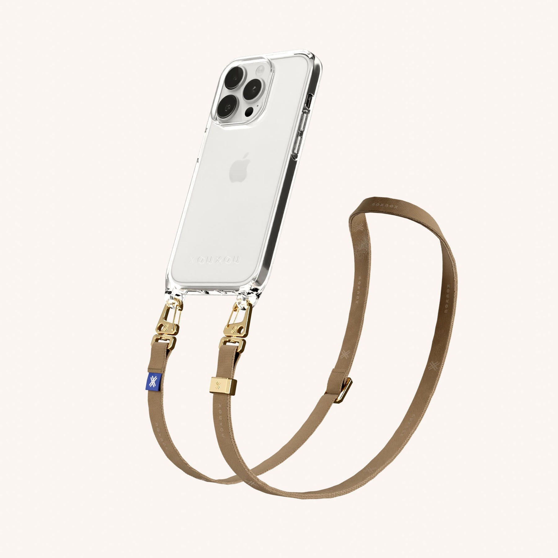 Phone Necklace with Slim Lanyard in Clear + Taupe