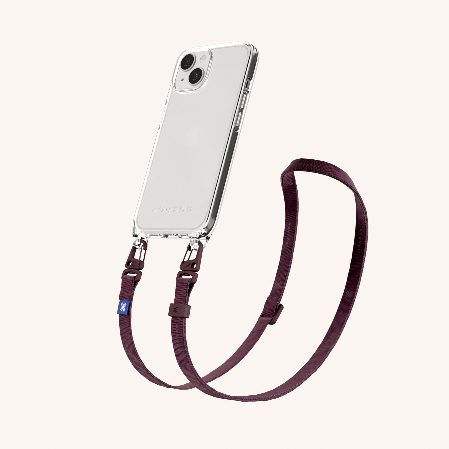 Phone Necklace with Slim Lanyard in Clear + Burgundy