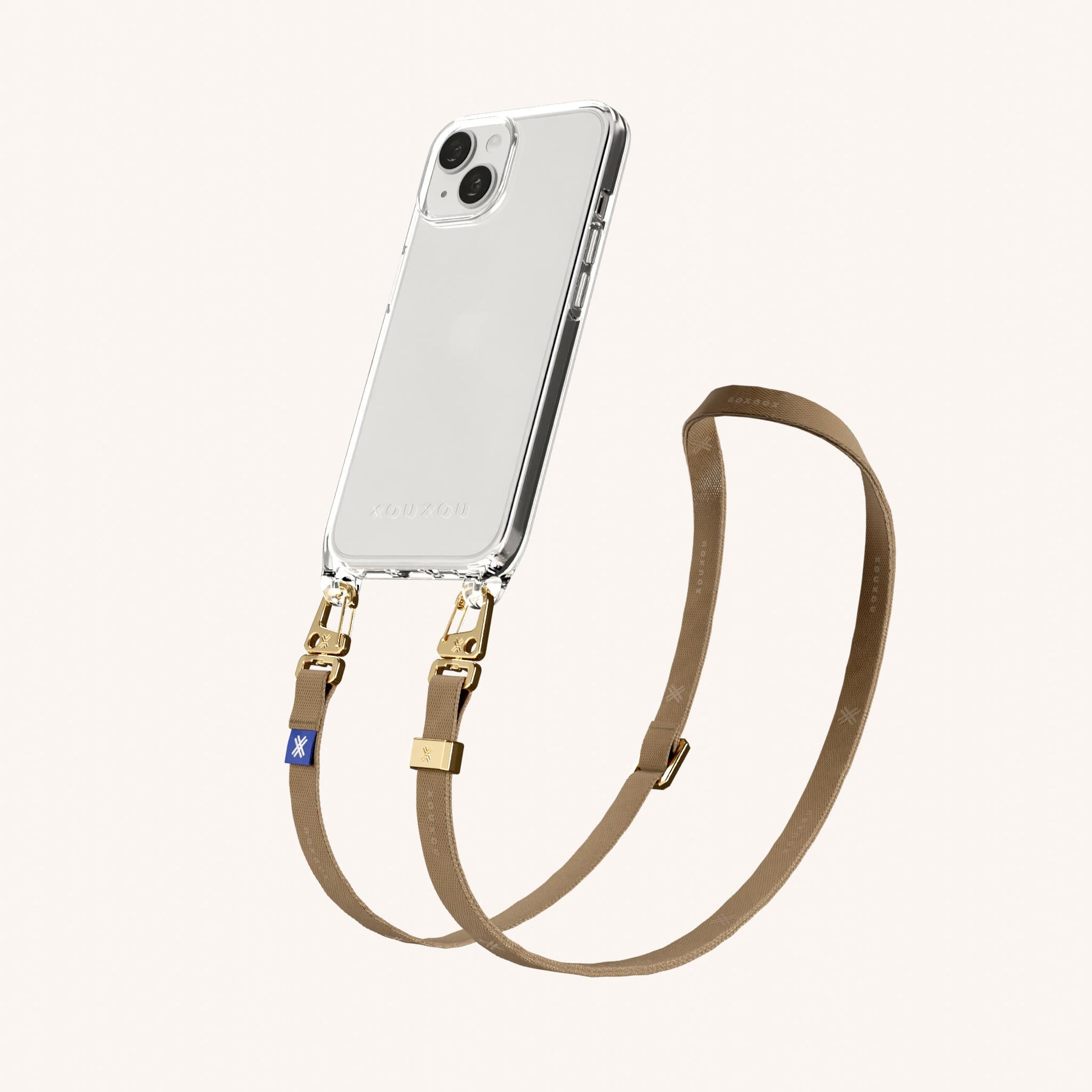 Phone Necklace with Slim Lanyard in Clear + Taupe