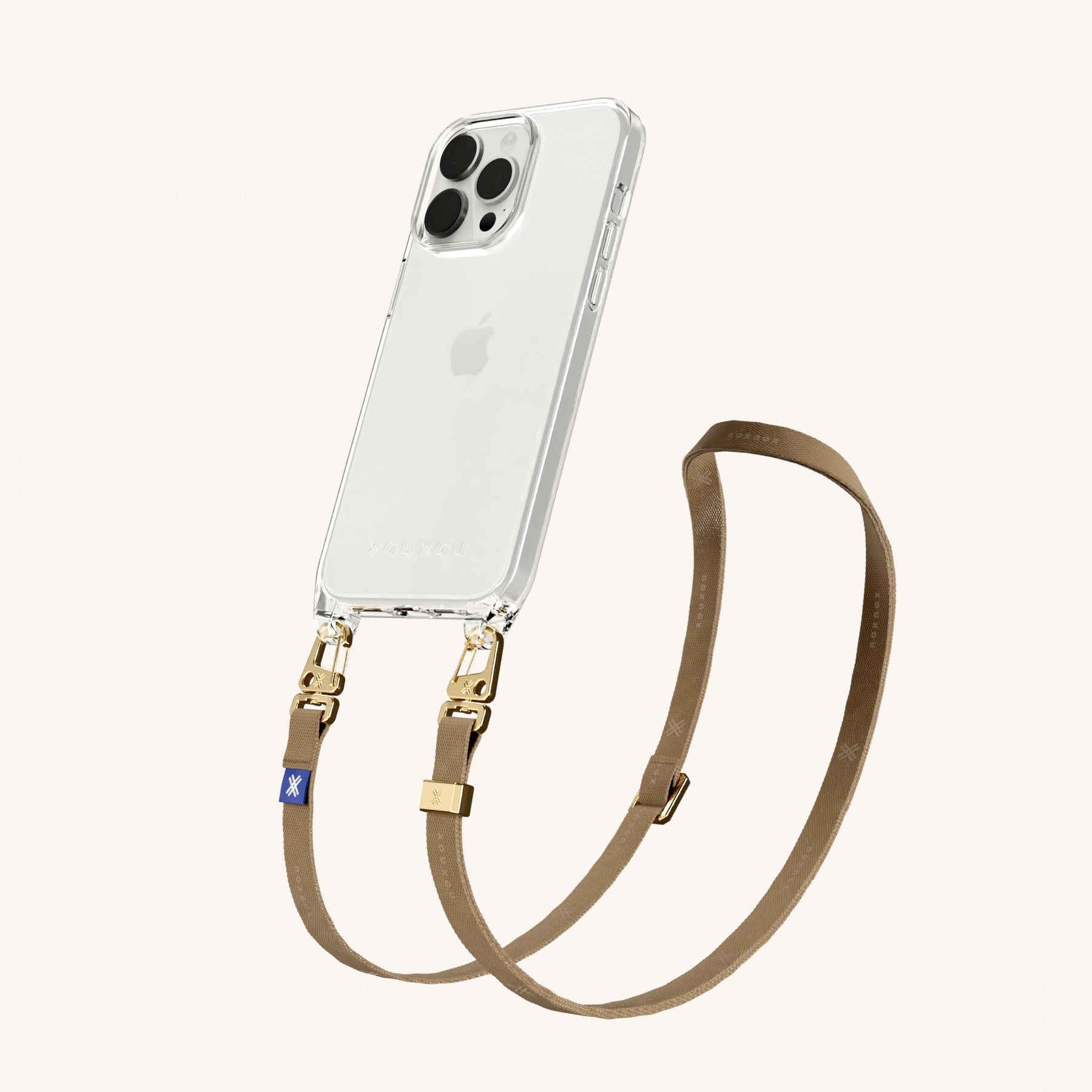 Phone Necklace with Slim Lanyard in Clear + Taupe