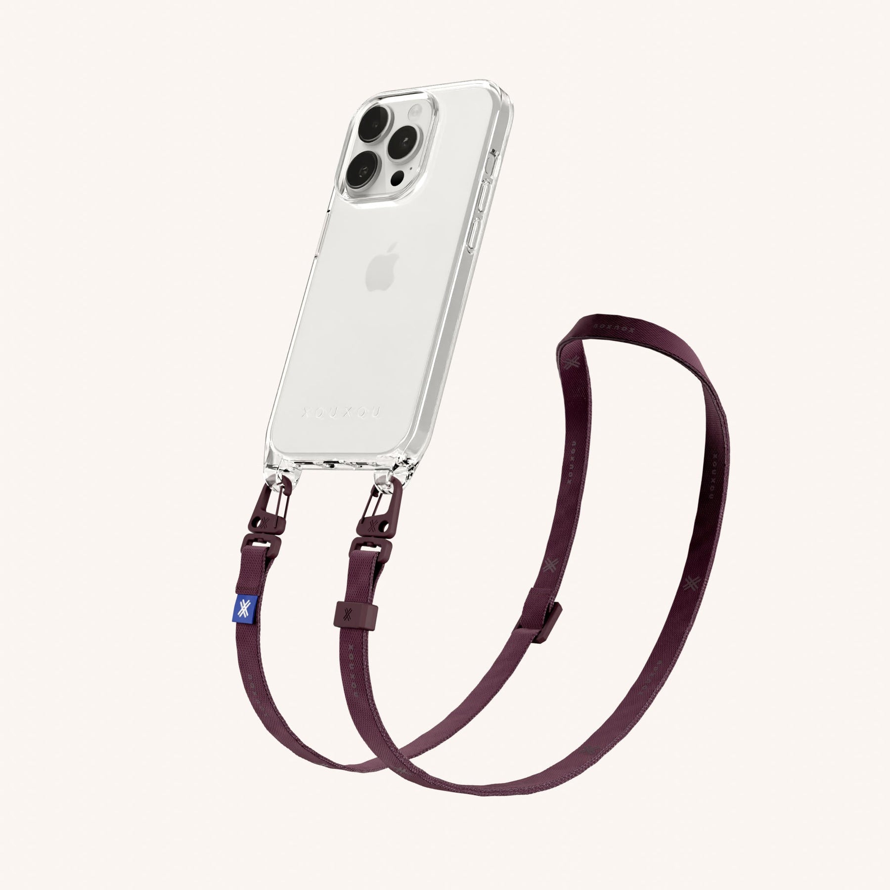 Phone Necklace with Slim Lanyard in Clear + Burgundy