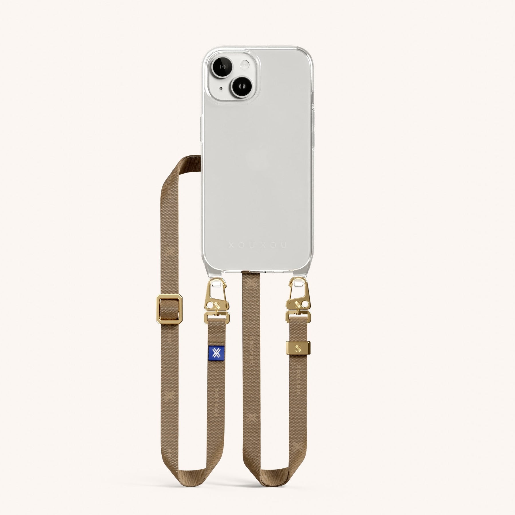 Phone Necklace with Slim Lanyard in Clear + Taupe