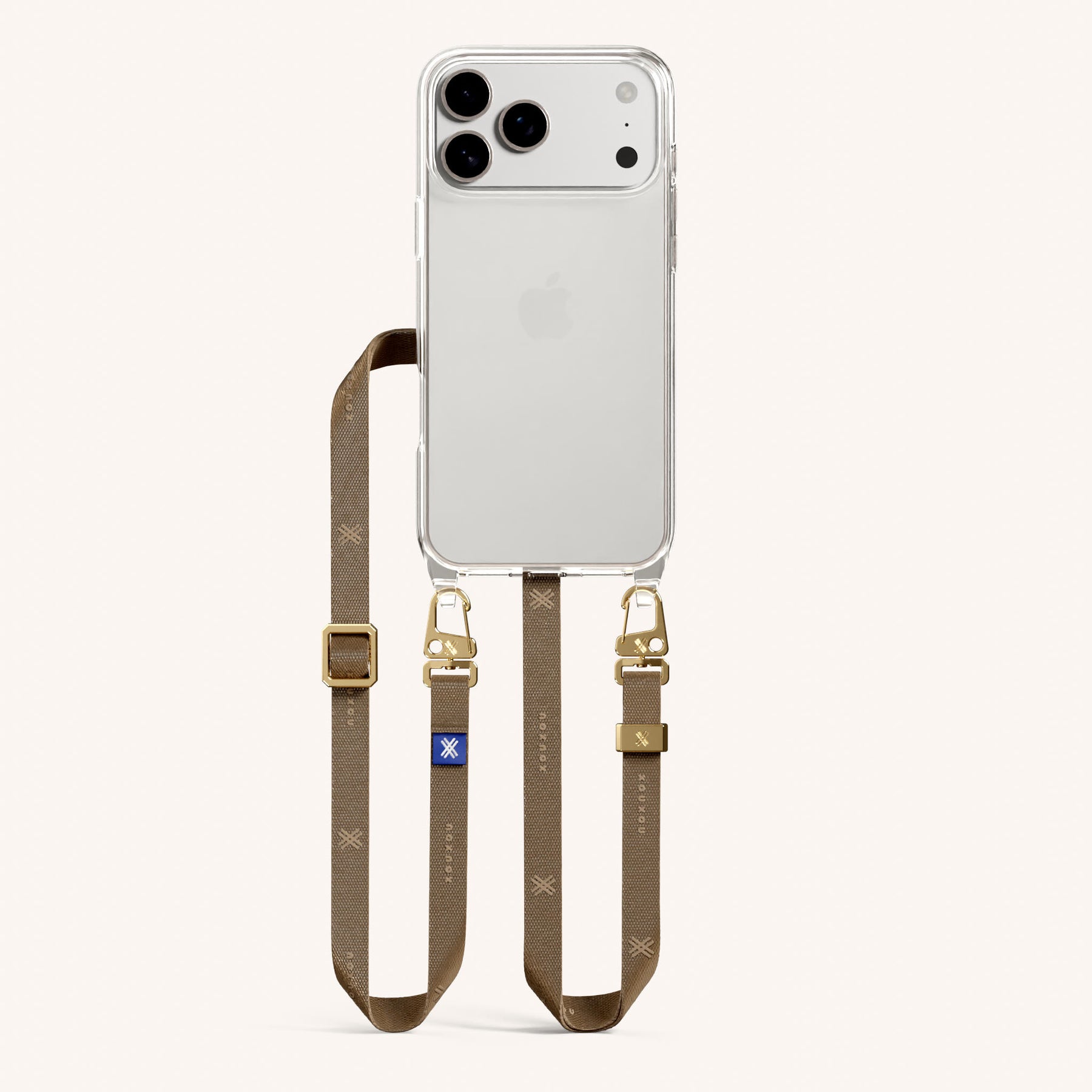 Phone Necklace with Slim Lanyard in Clear + Taupe