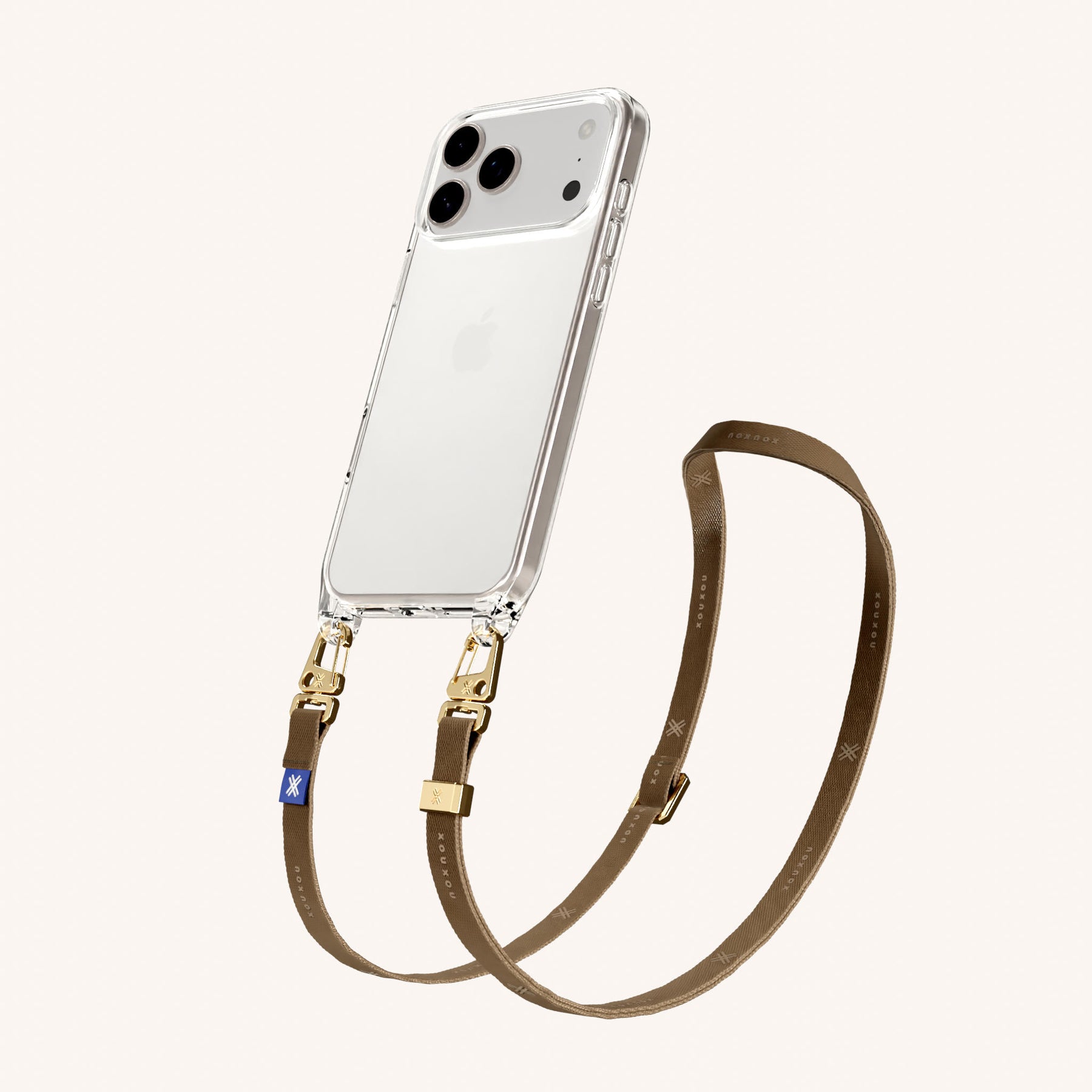 Phone Necklace with Slim Lanyard in Clear + Taupe