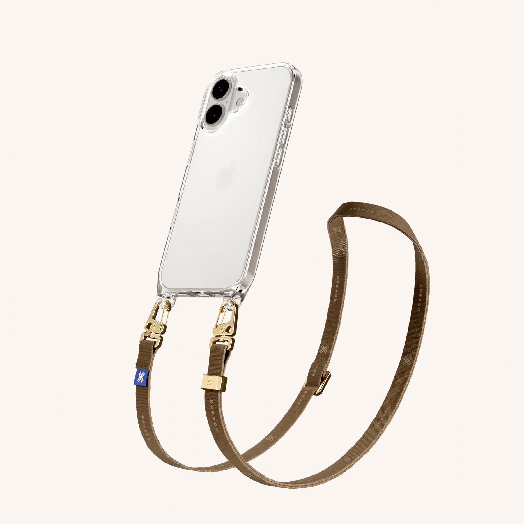 Phone Necklace with Slim Lanyard in Clear + Taupe