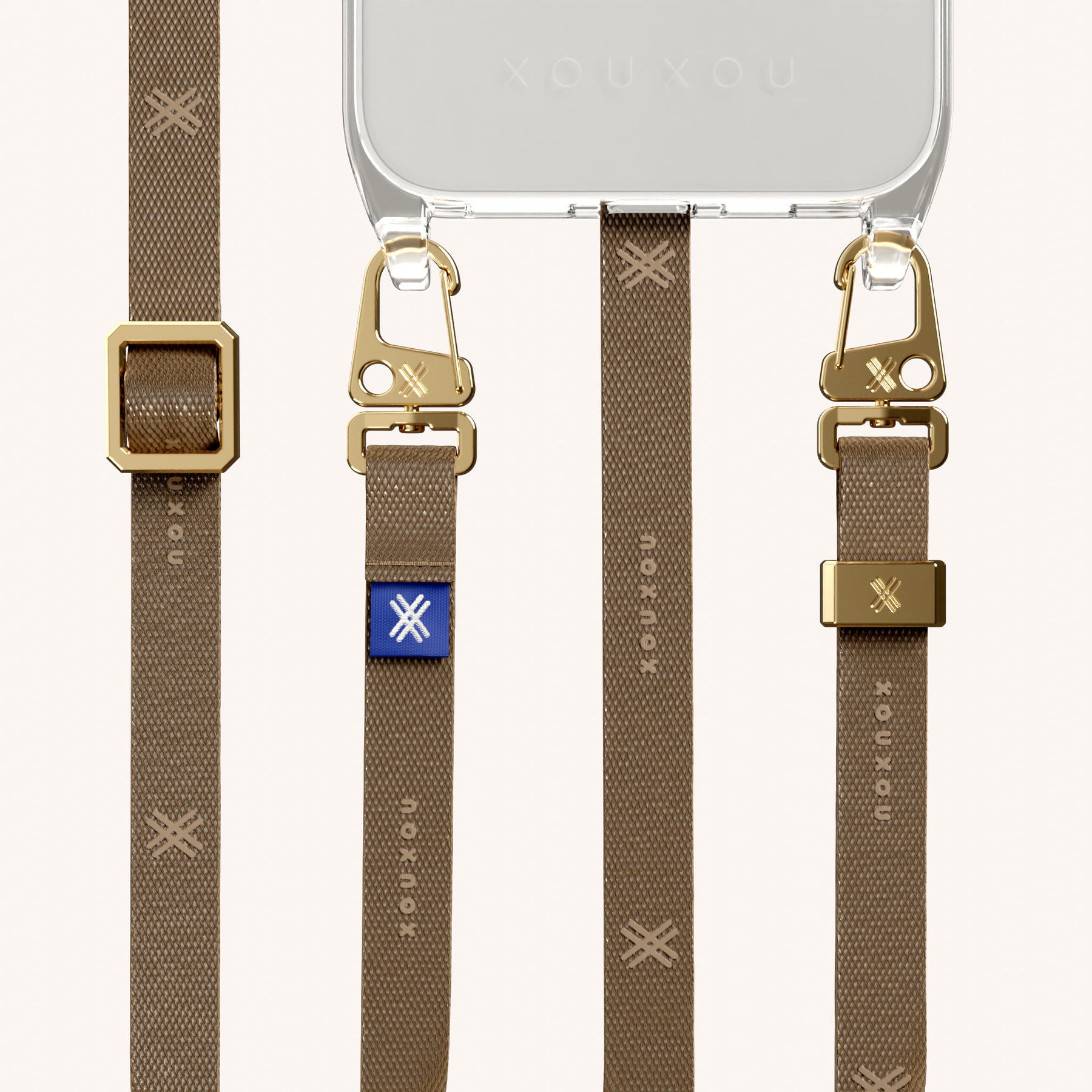 Phone Necklace with Slim Lanyard in Clear + Taupe