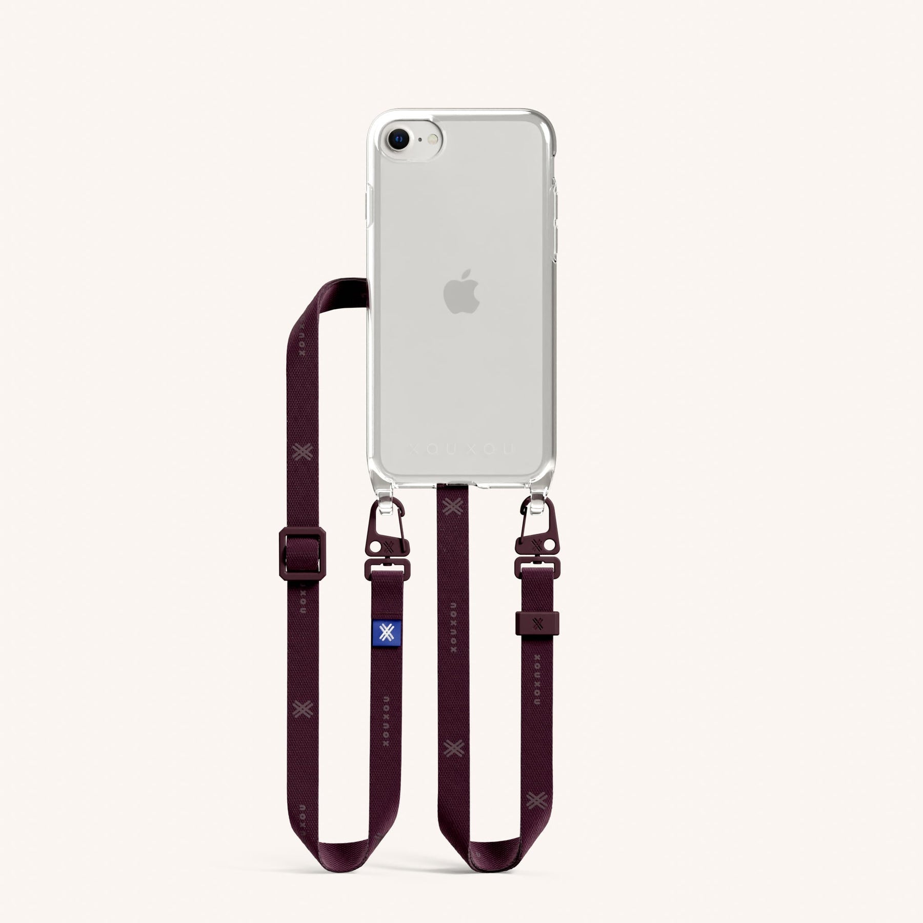 Phone Necklace with Slim Lanyard in Clear + Burgundy