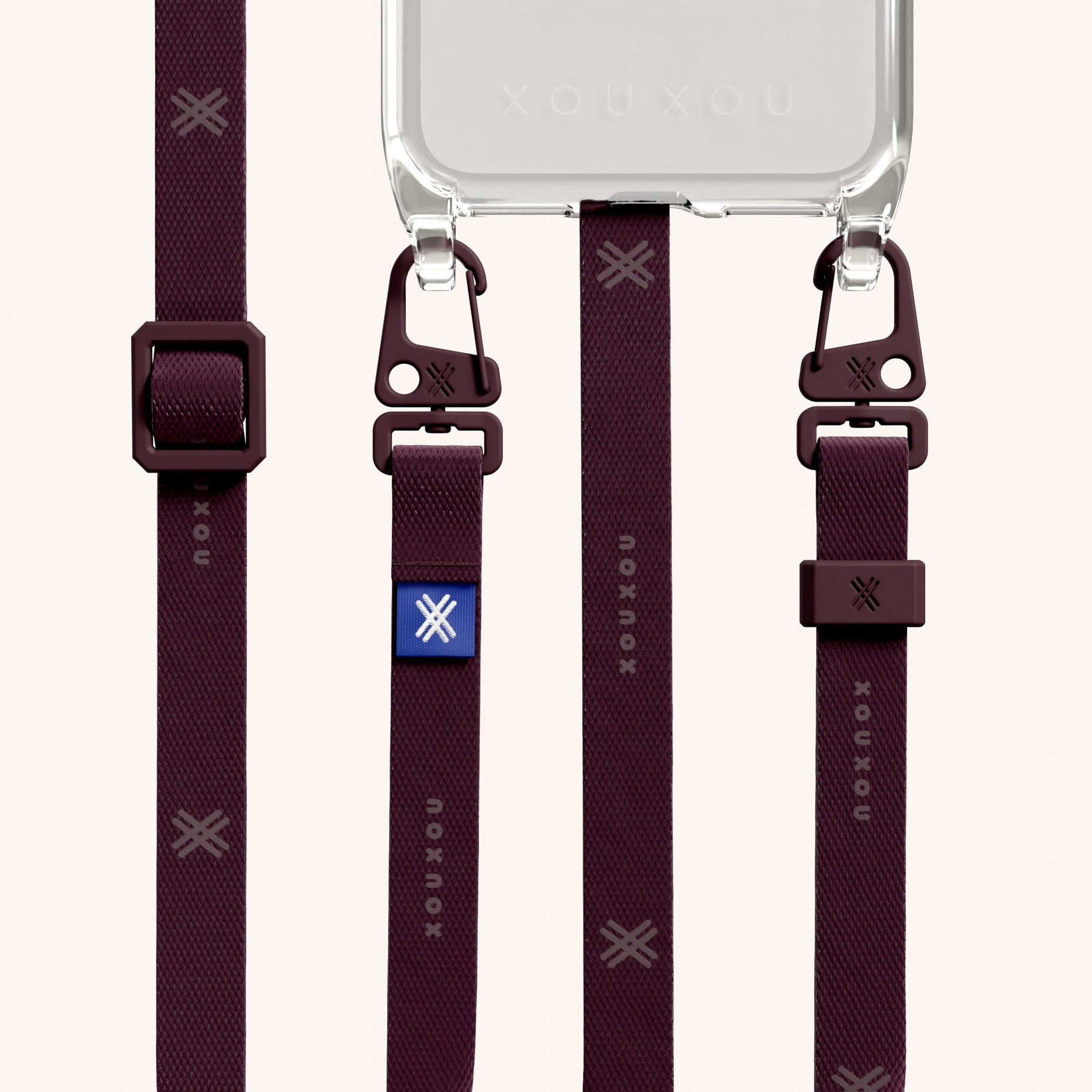 Phone Necklace with Slim Lanyard in Clear + Burgundy