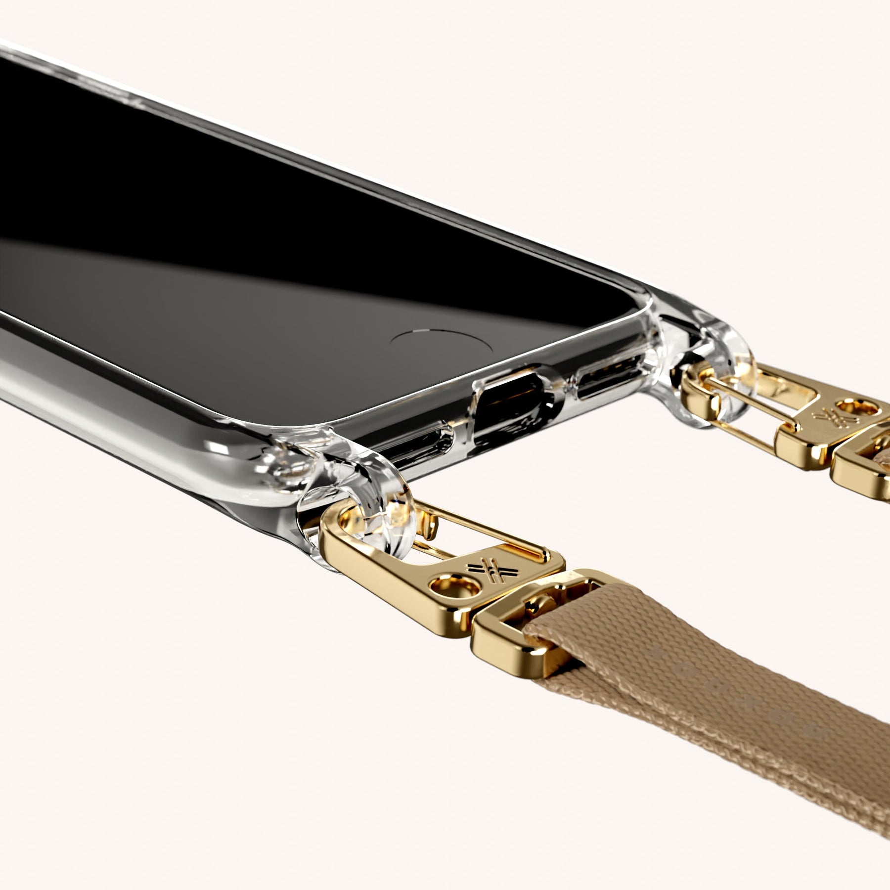 Phone Necklace with Slim Lanyard in Clear + Taupe