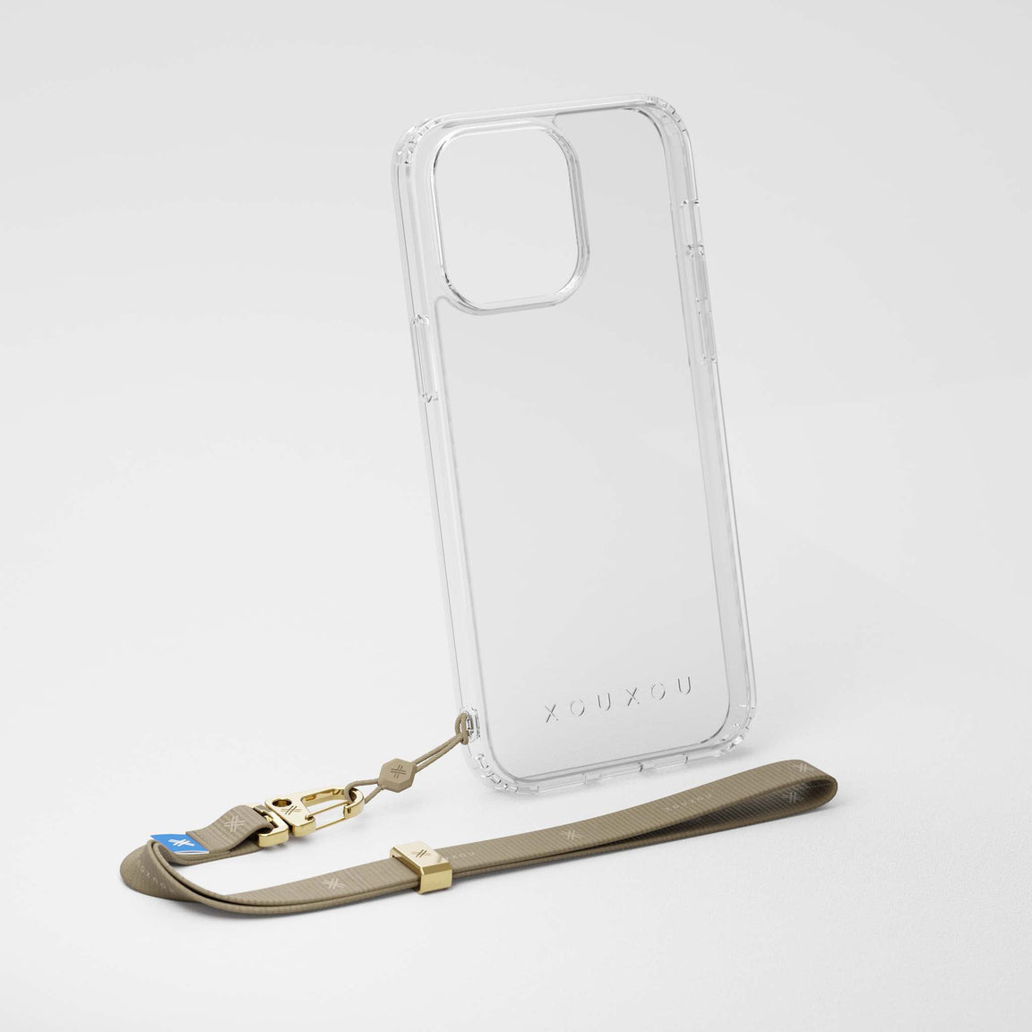 Clear Phone Case with Taupe Slim Wrist Strap