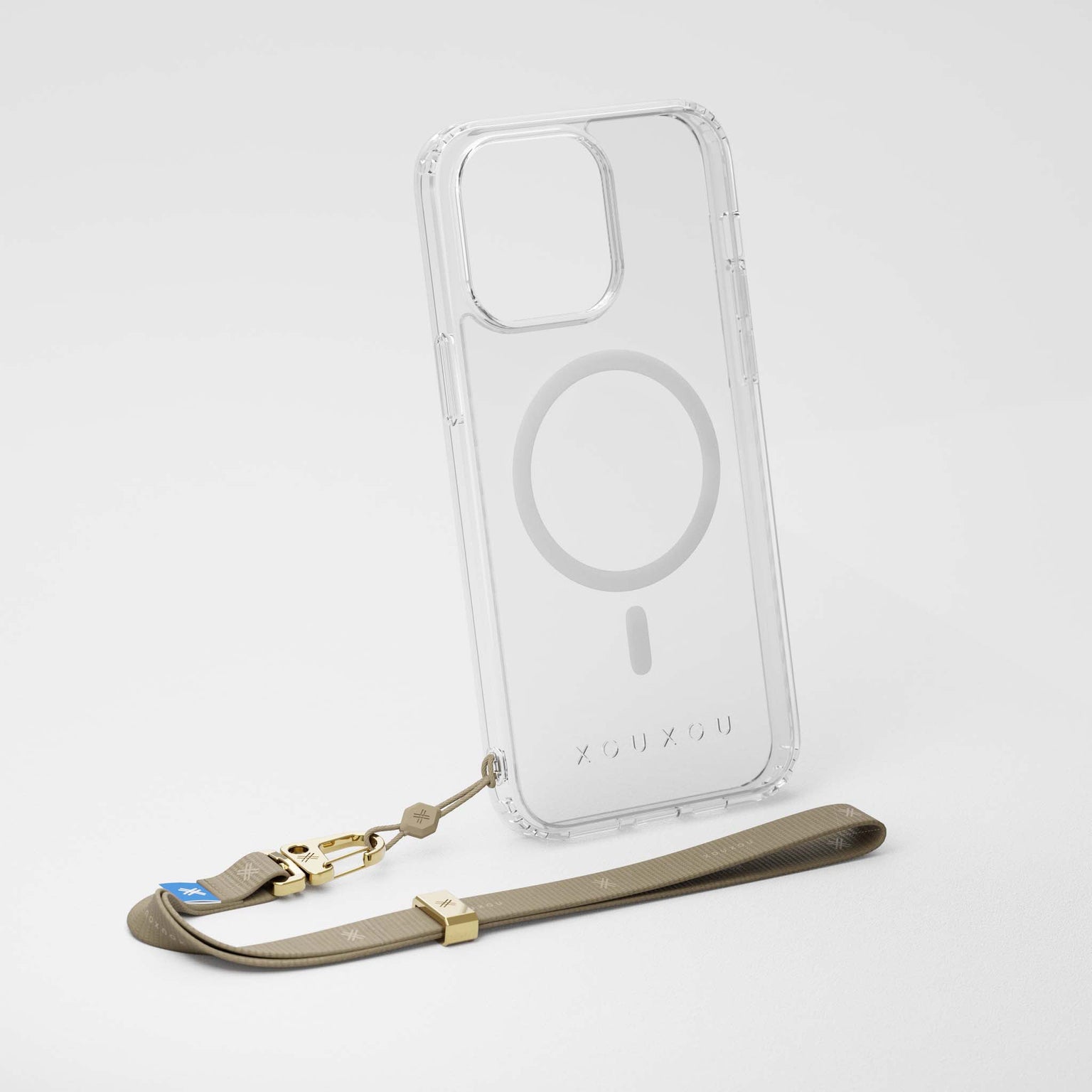 Clear Phone Case with Taupe Slim Wrist Strap