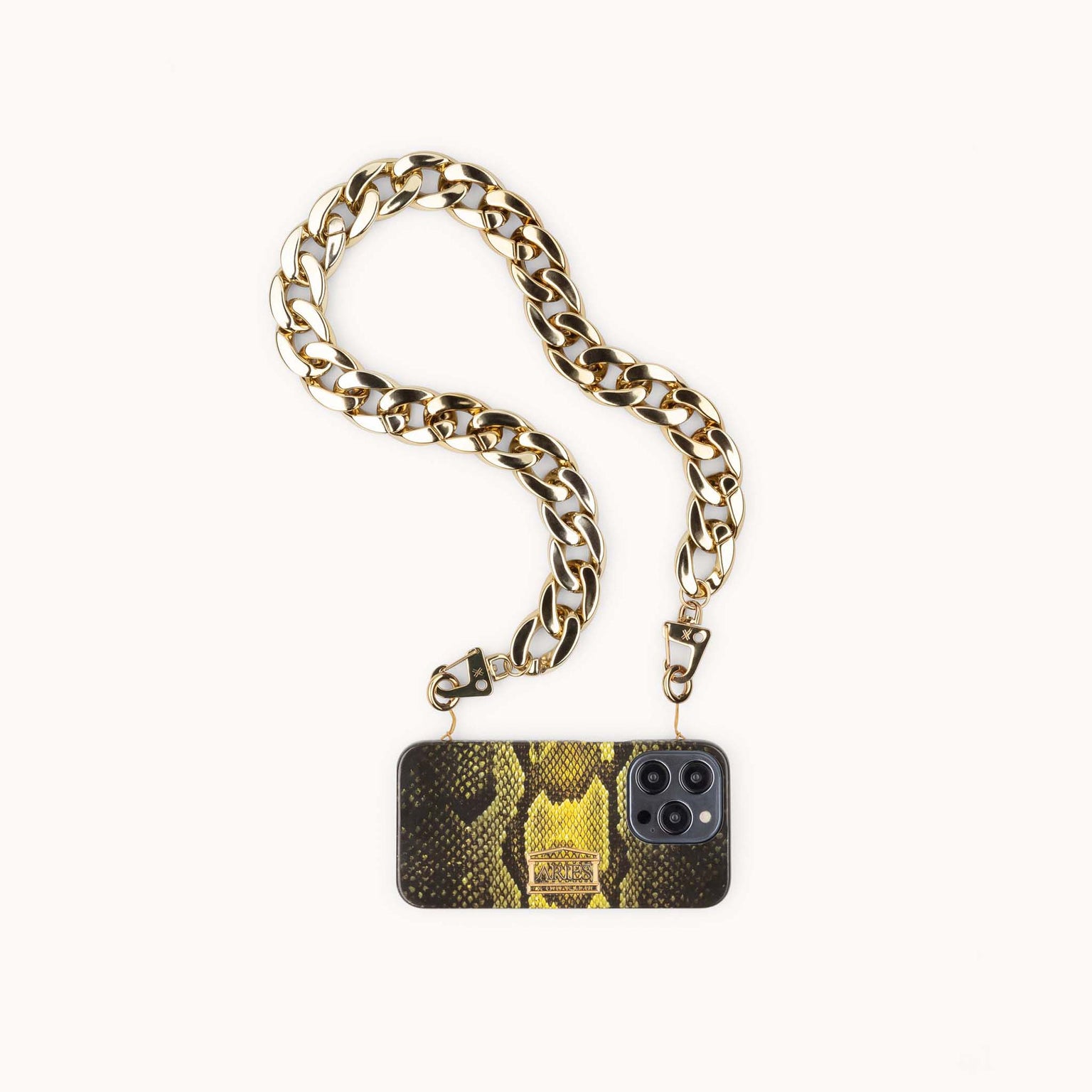 Aries x XOUXOU collab Phone Necklace with bold golden Chain and Case in Snake pattern Green