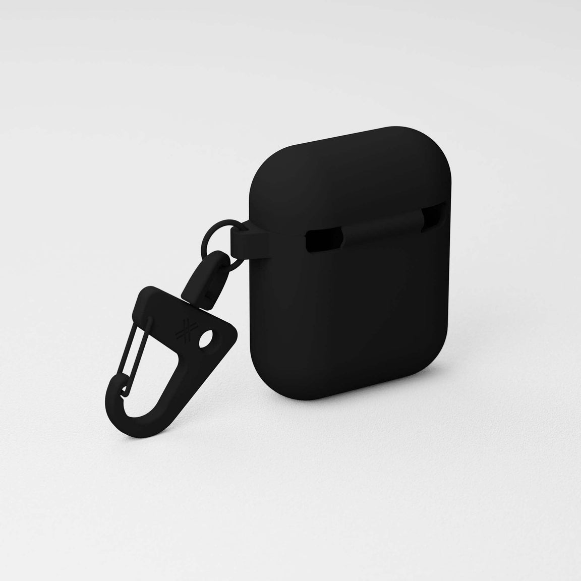 Black silicone Apple AirPods Case 1st and 2nd generation with black carabiner hook | XOUXOU