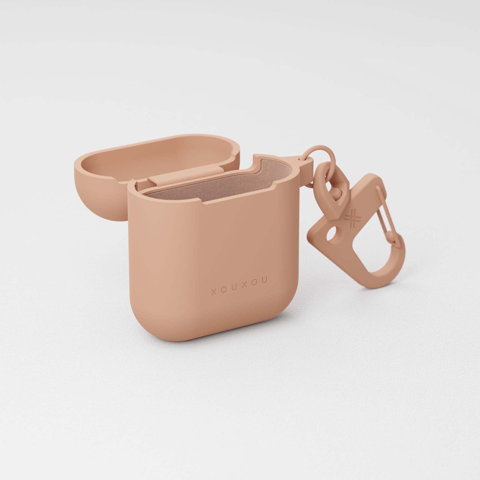 Apple AirPods silicone case in Powder Pink and attached carabiner hook | XOUXOU