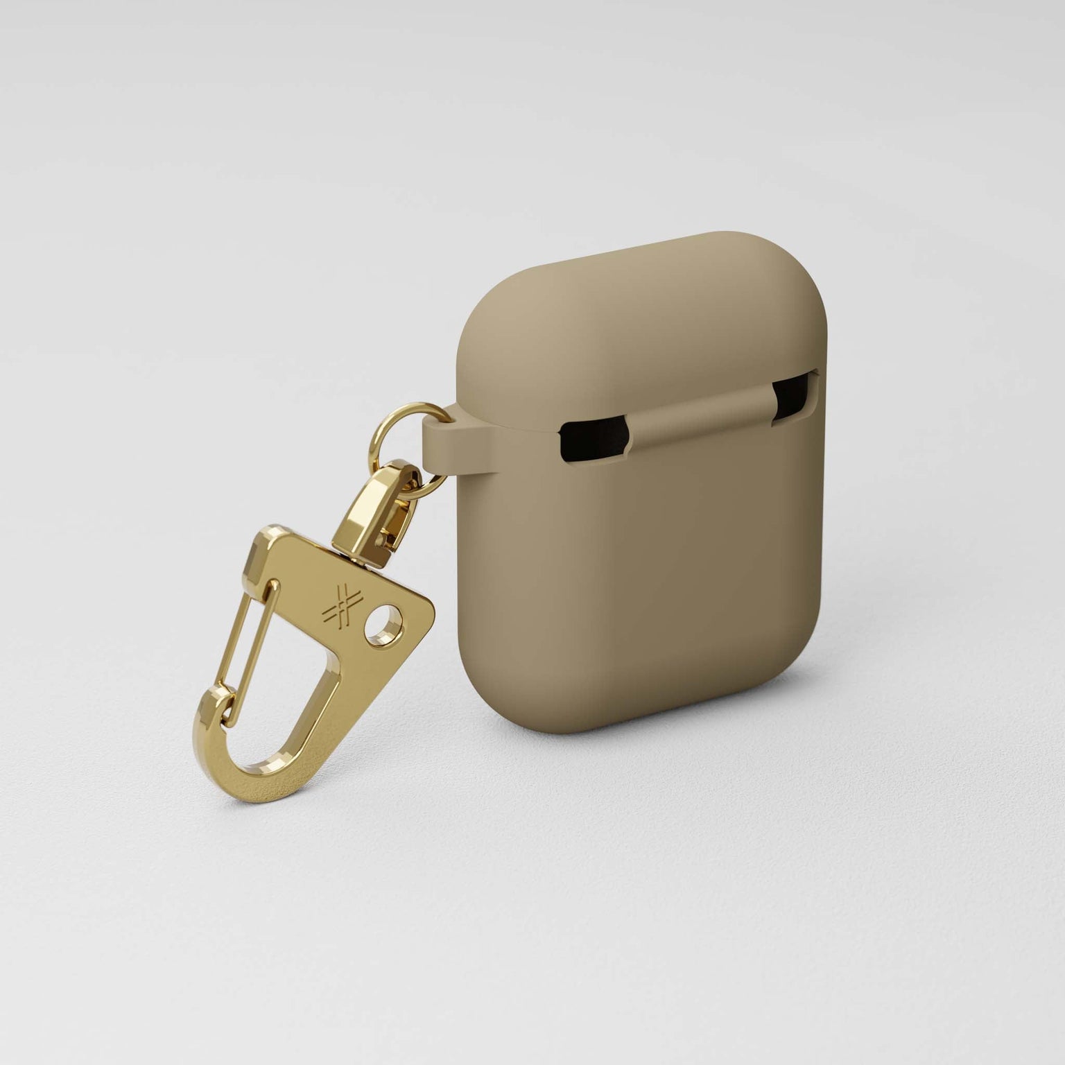 1st & 2nd generation AirPods case in Taupe (Beige) soft-touch and golden metal carabiner | XOUXOU