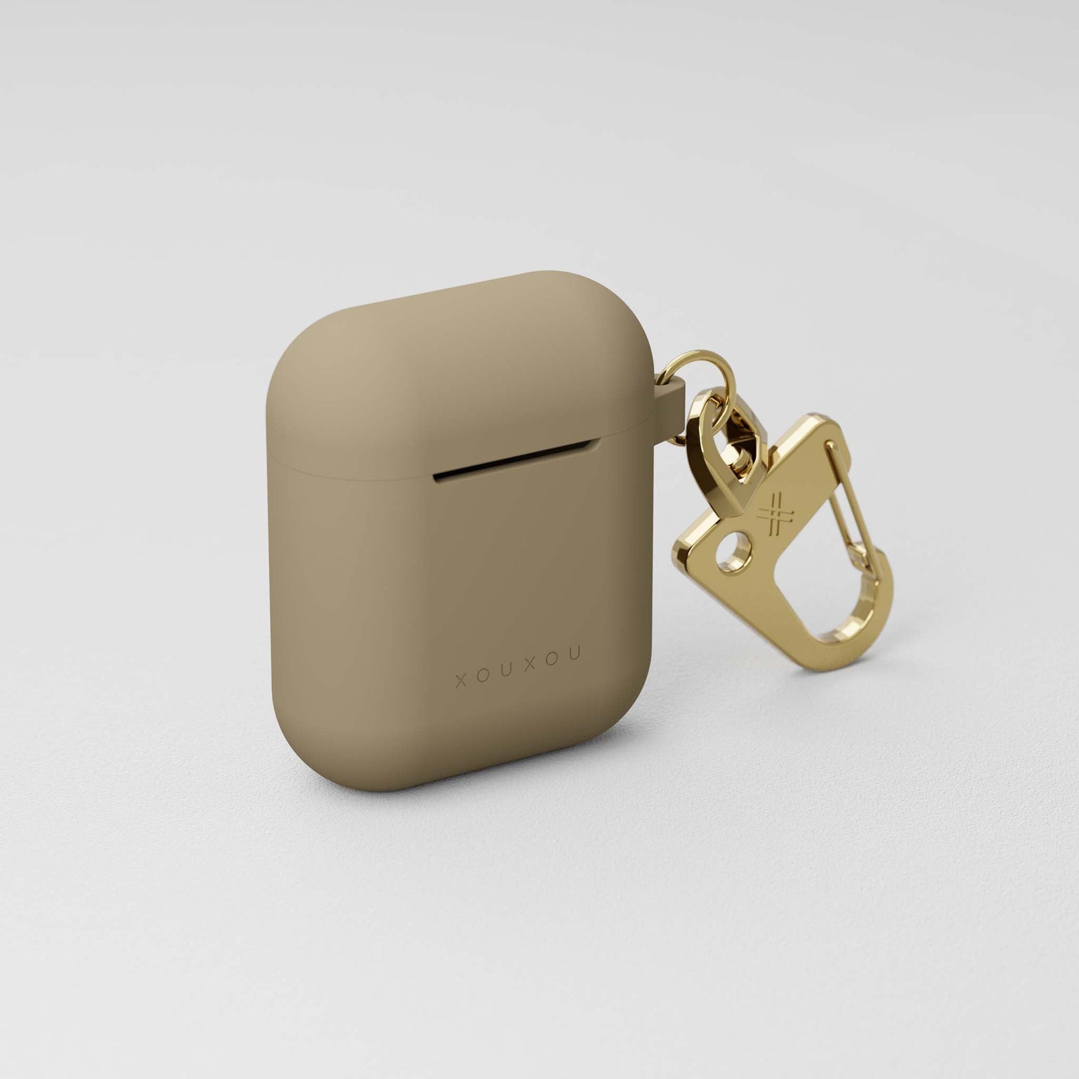 First and Second gen. AirPods case in Taupe (Beige) soft-touch and golden metal carabiner | XOUXOU