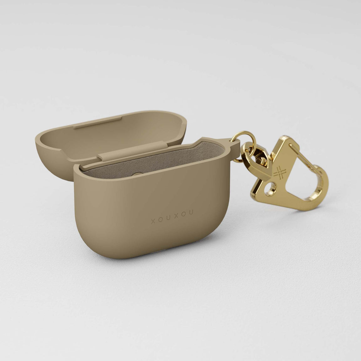 AirPods 3rd (third) gen. case in Taupe (Beige) soft-touch and golden metal carabiner | XOUXOU