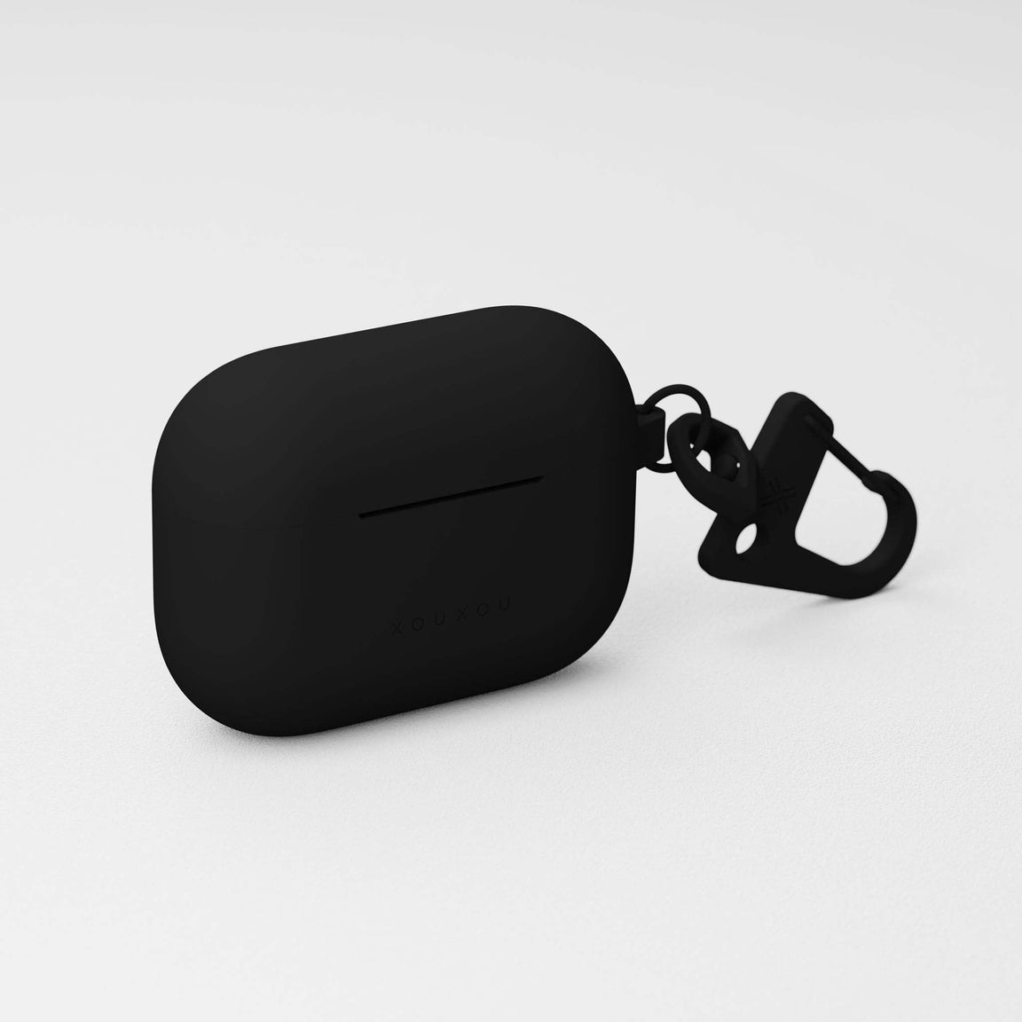 Apple Airpods Pro case in Black silicone with black carabiner hook | XOUXOU