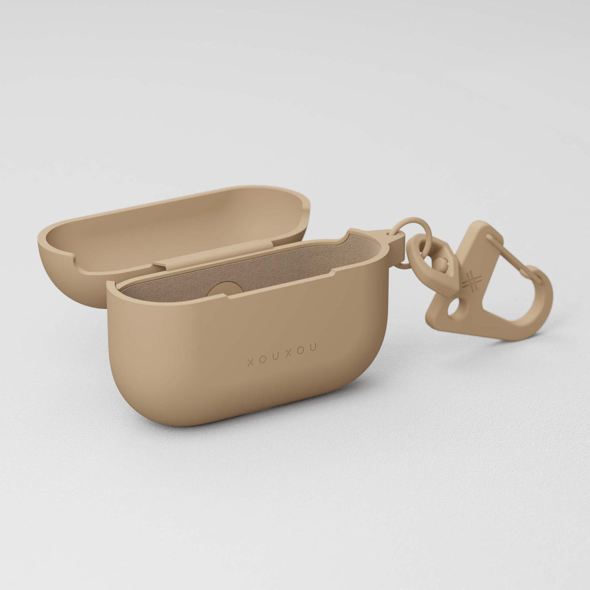 AirPods Pro case in Sand Brown soft-touch finish and carabiner hook | XOUXOU