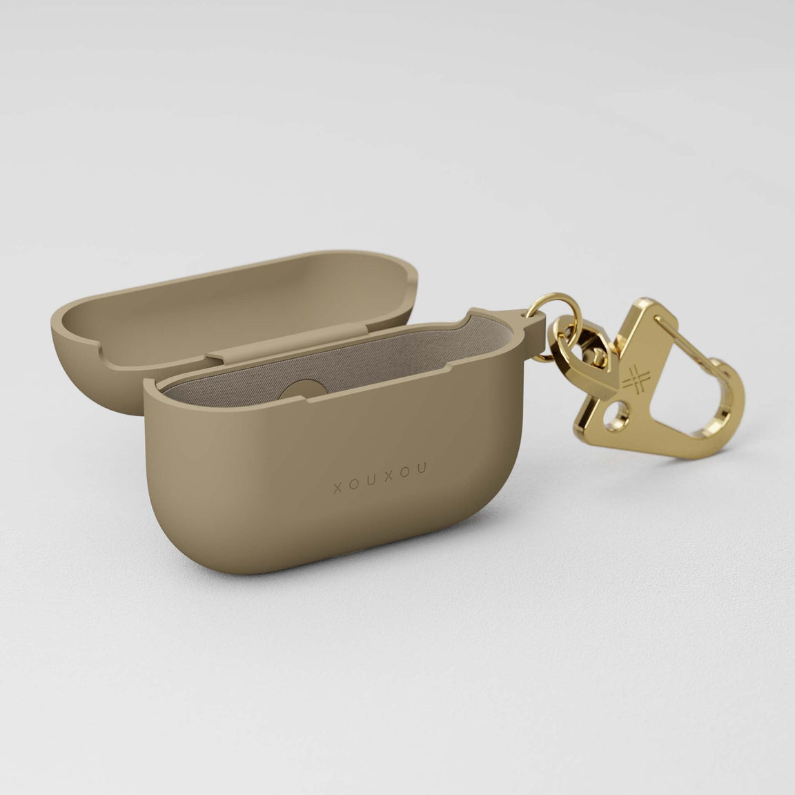 AirPods Pro case in Taupe (Beige) soft-touch and golden metal carabiner | XOUXOU