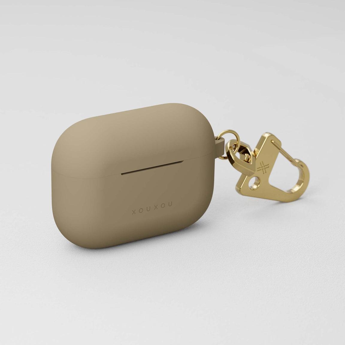 AirPods Pro case in Taupe (Beige) and golden metal carabiner | XOUXOU