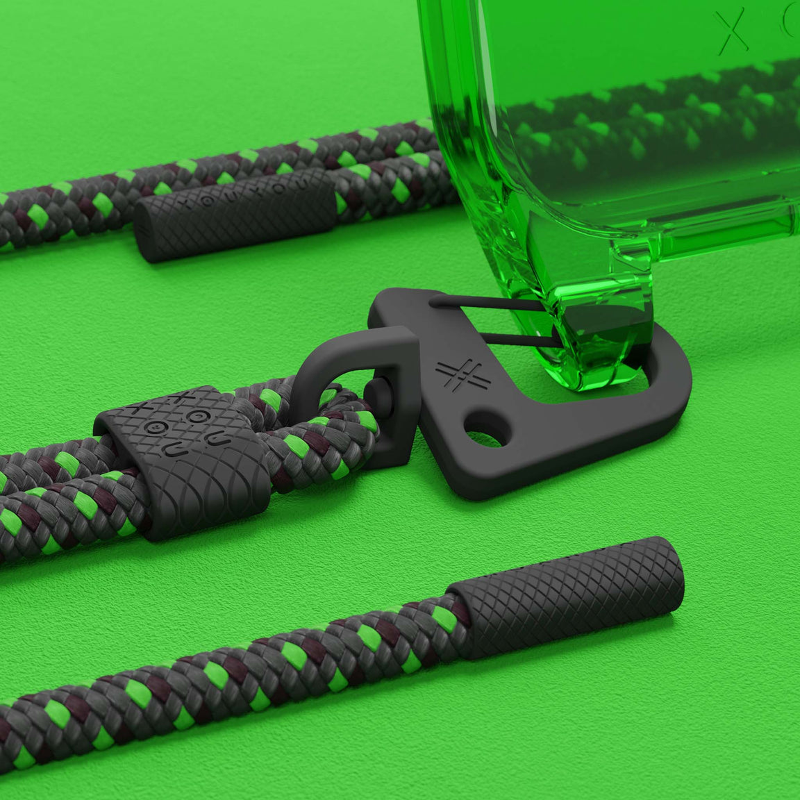 Phone Case with Carabiner Strap in Acid Green and Ash Grey | XOUXOU