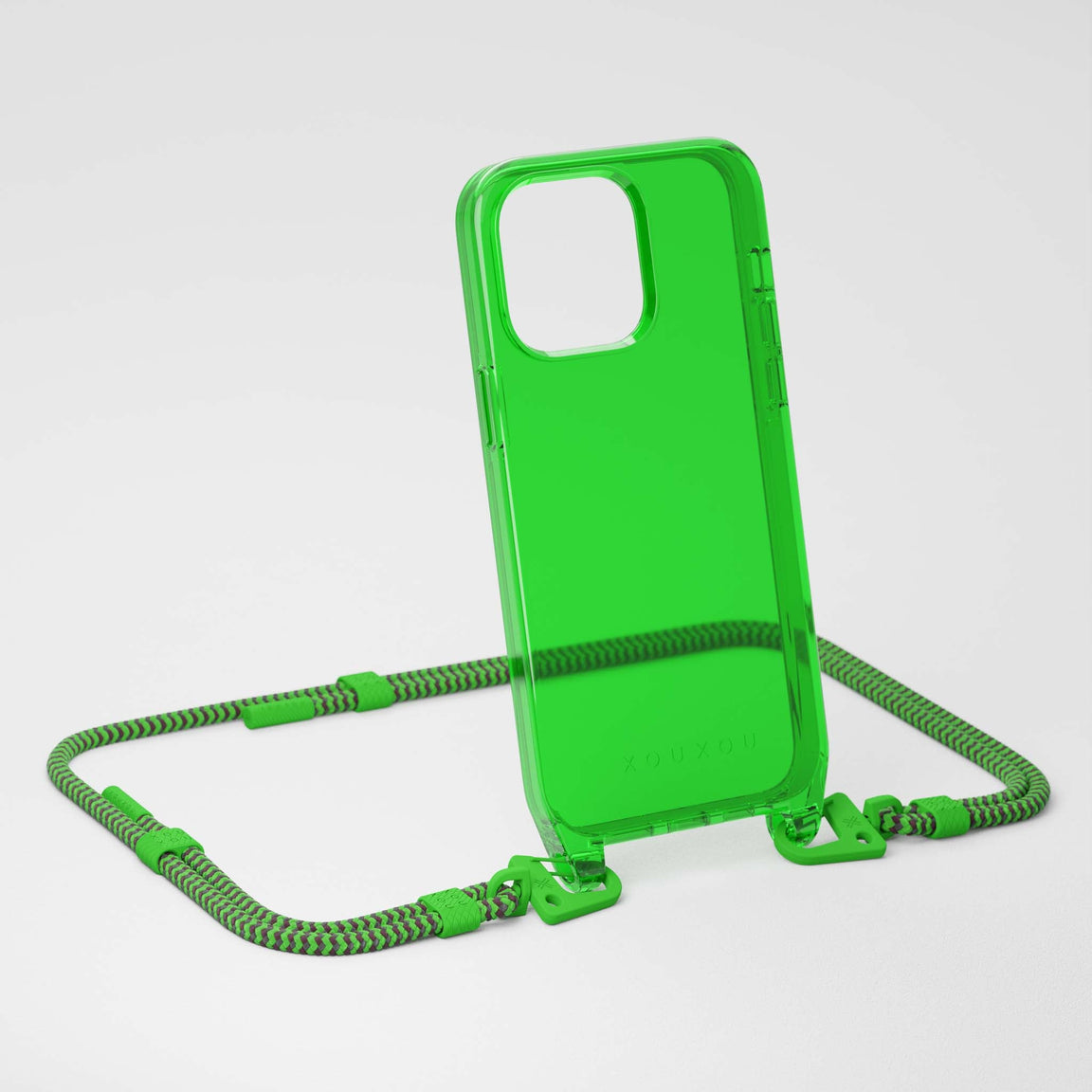 iPhone 14 Case with Carabiner Rope in Acid Green Semi Transparent | XOUXOU