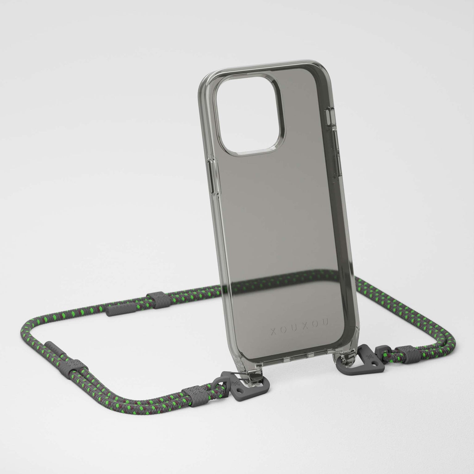 Clear iPhone 14 Case with modular Strap in Ash Grey and Green dots | XOUXOU