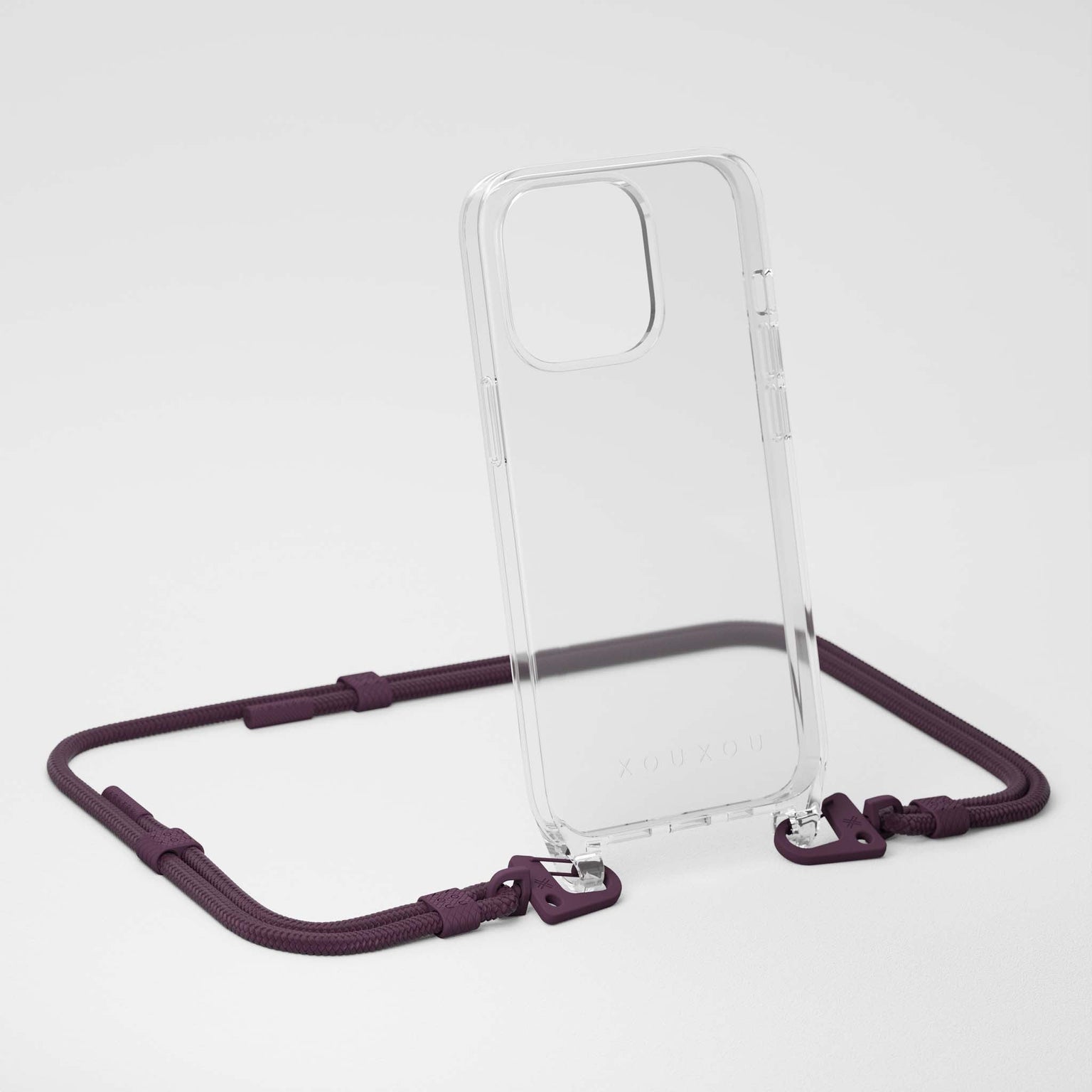 Transparent iPhone 14 Necklace with Carabiner Rope in Burgundy Red | XOUXOU