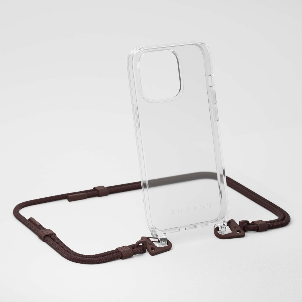 Clear iPhone 14 Case with Earth brown Carabiner Rope Necklace | XOUXOU