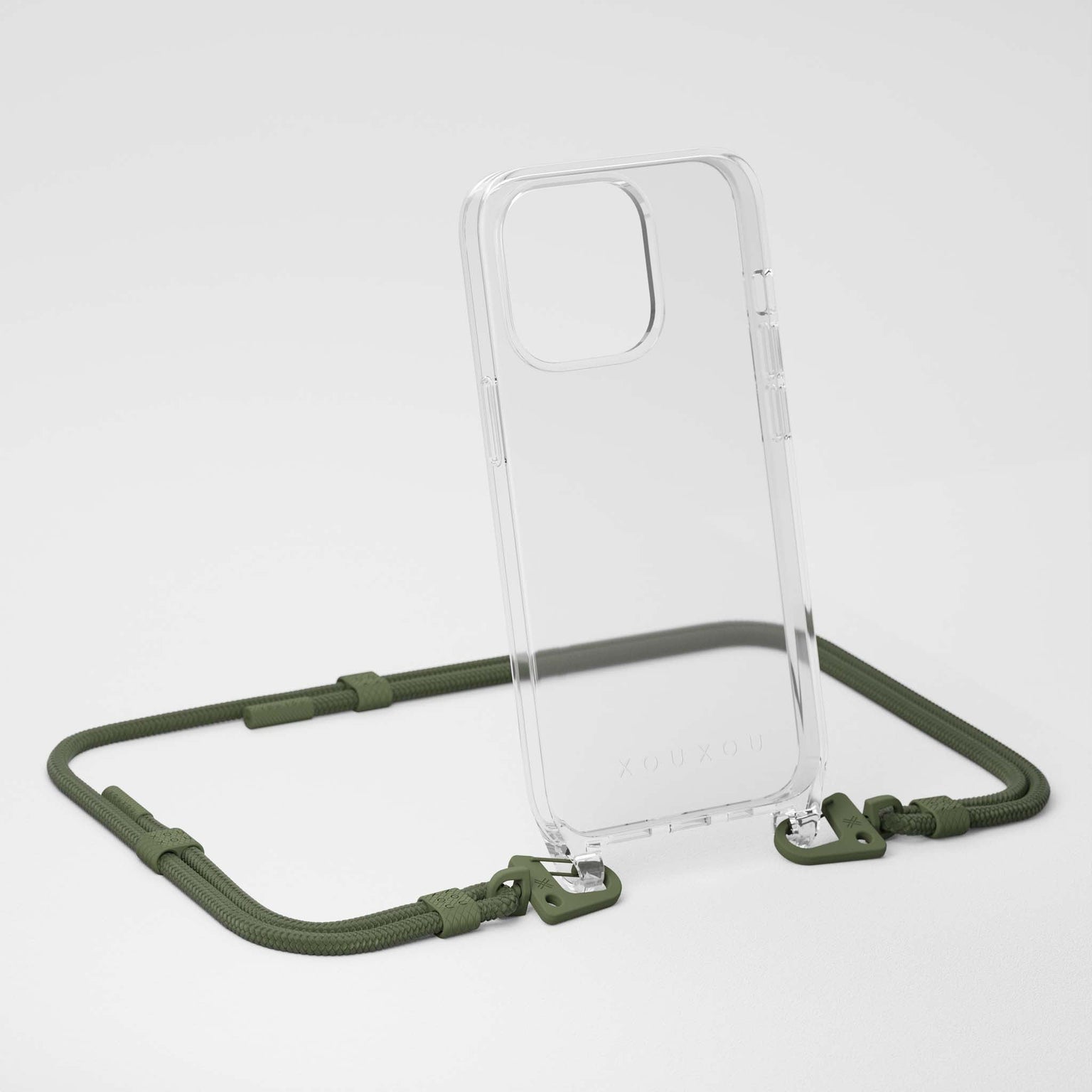 Transparent iPhone 14 Case with Carabiner Rope in Moss Green | XOUXOU