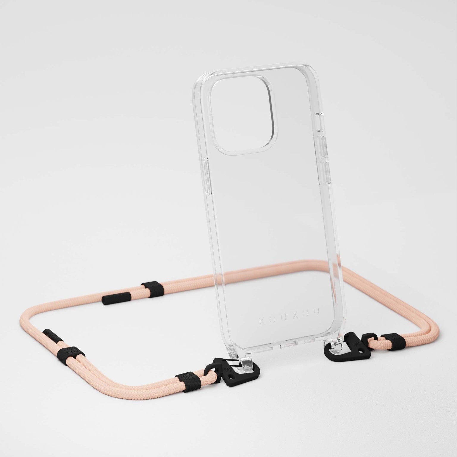Clear iPhone 14 Case + Powder Pink Carabiner Rope Necklace with black details | XOUXOU
