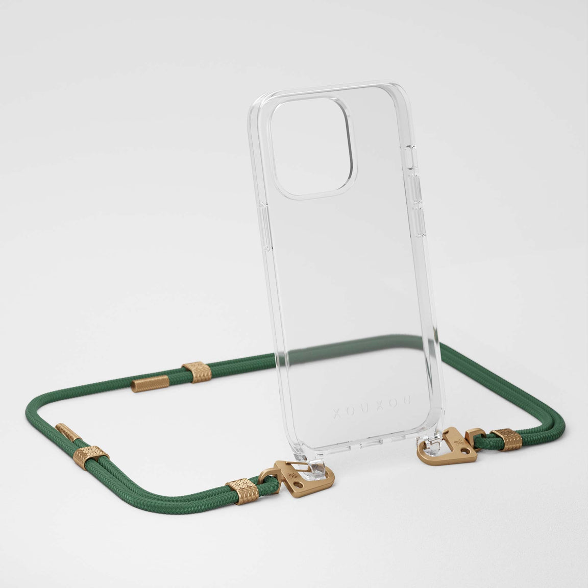 Claer iPhone 14 Phone Case with Sage Green Carabiner Rope and golden metal details | XOUXOU