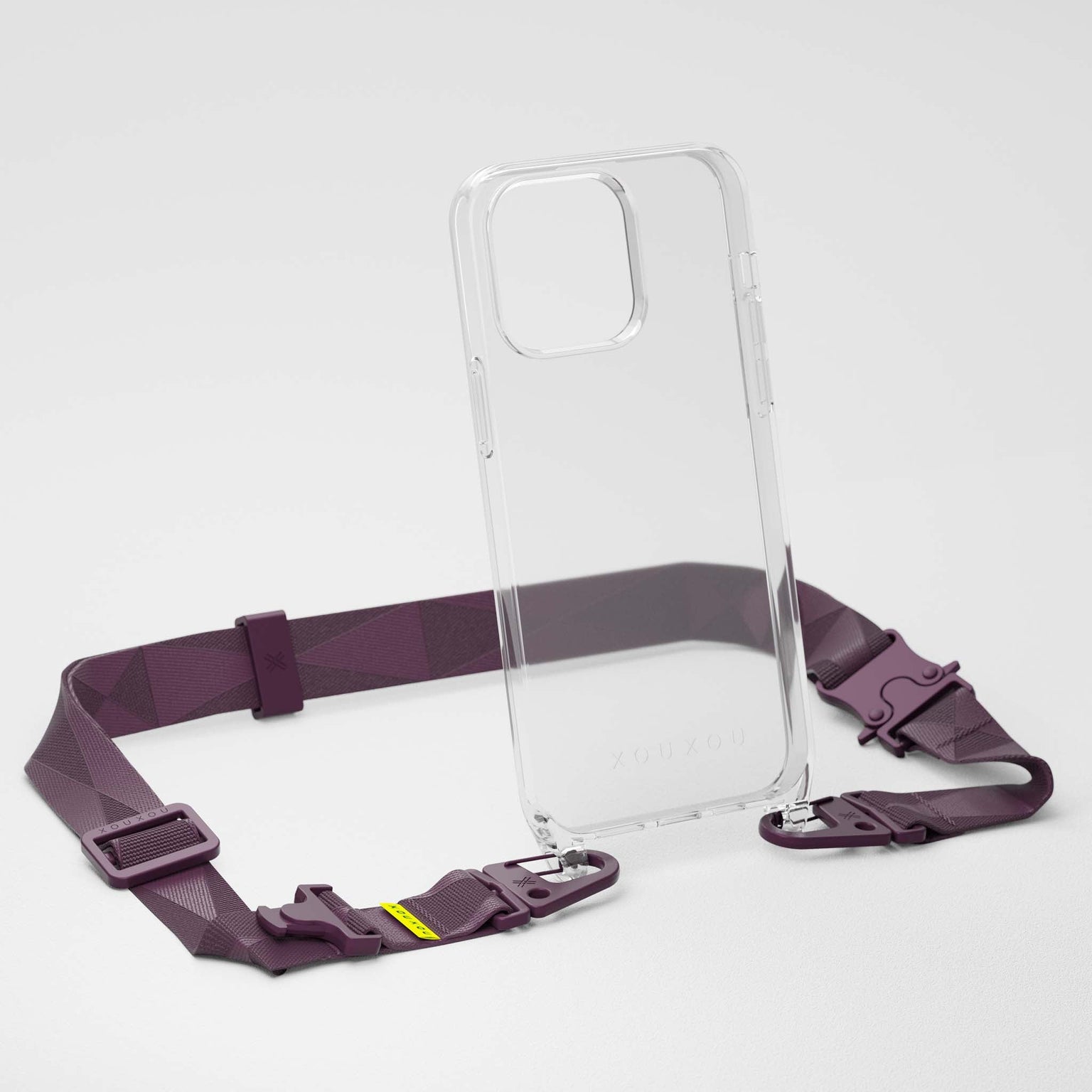 Crossbody iPhone Necklace with clear Phone Case and wide burgundy red lanyard | XOUXOU