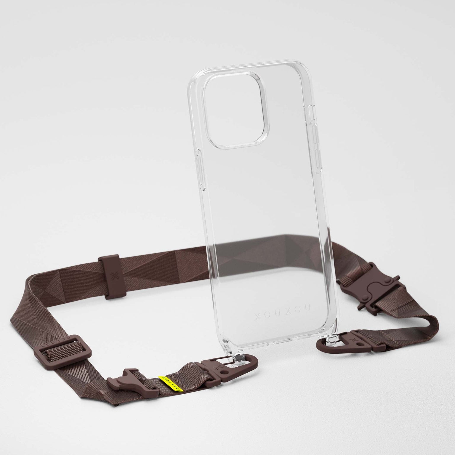 Cristal clear iPhone 14 Case with Earth brown Lanyard Necklace | XOUXOU