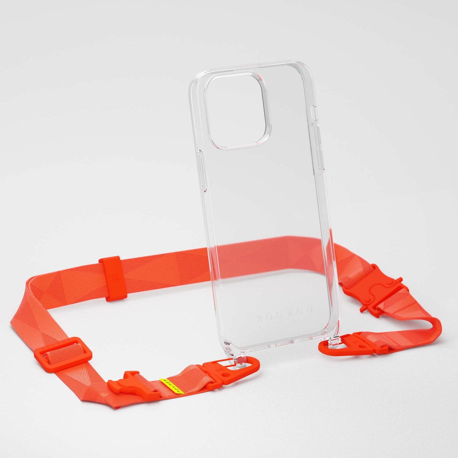 Transparent iPhone 14 Case with modular Neon Orange Phone Strap | XOUXOU