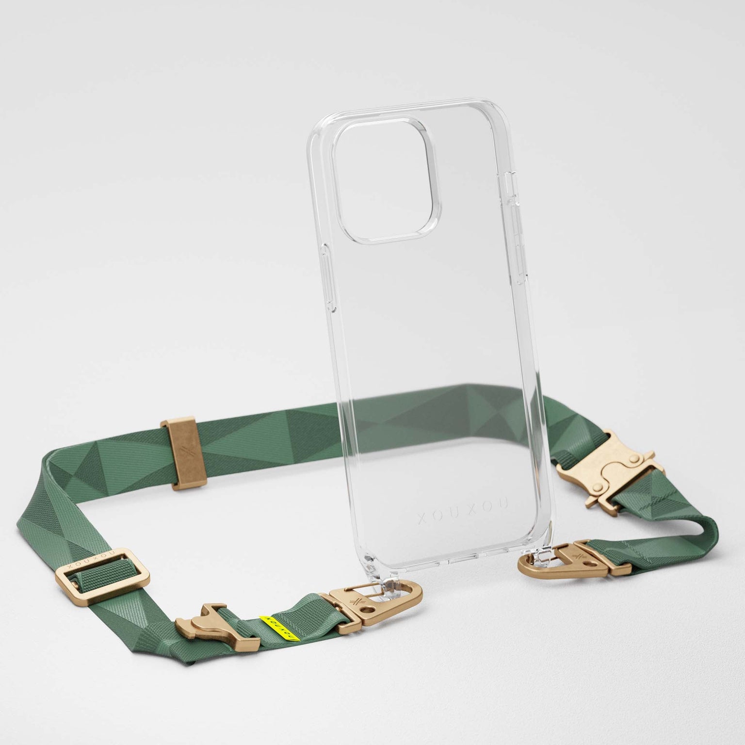 Transparent iPhone 14 Phone Case with Sage Green Lanyard Strap and golden metal Parts | XOUXOU