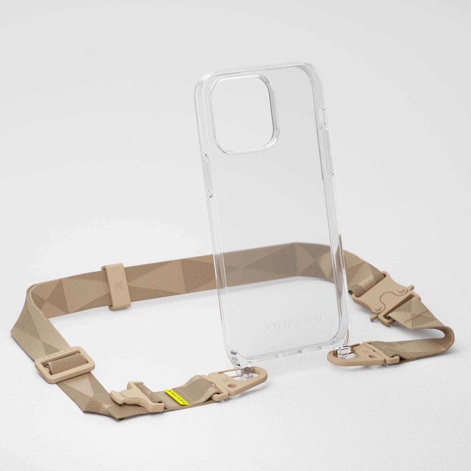 Mix & Match transparent iPhone 14 Case with Sand Beige lanyard Necklace | XOUXOU