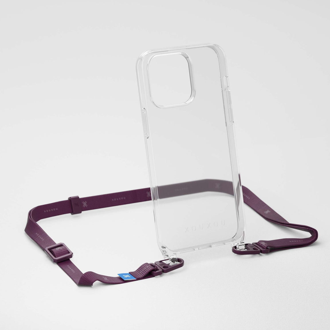 Crossbody iPhone Necklace with Slim Lanyard Clear + Burgundy dark red | XOUXOU